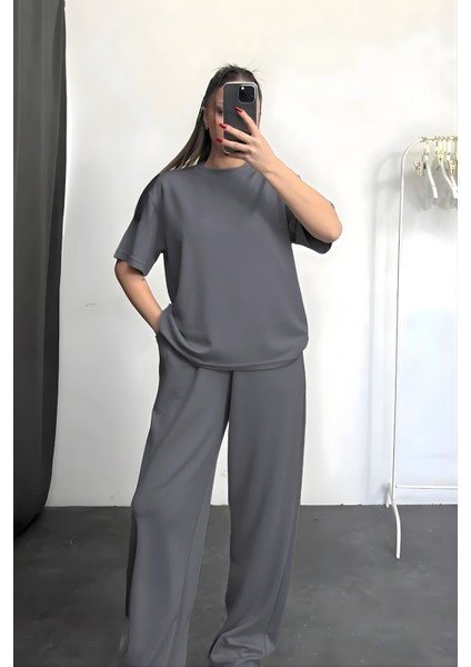 Kadın Kısa Kollu Modal Penye Yüksek Bel Bol Paça Alt-Üst Takım modelleri