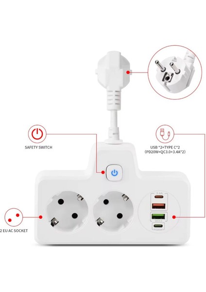 Çok Fonksiyonlu Akım Korumalı Priz ve USB Şarj Istasyonu - Ayarlanabilir Gece Lambalı