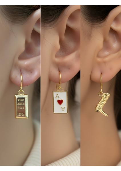 Kovboy Çizmesi Kupa As Külçe Altın Sembol Figürlü 3’lü Kadın Küpe Set