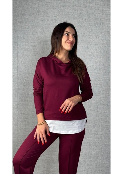 Kadın Uzun Kollu Kapşonlu Bağcıklı Viskon Iki Iplik Bluz ve Pantolon Ikili Takım fiyatları