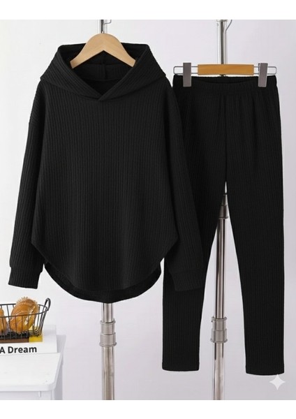 Kadın Uzun Kollu Kapşonlu Meloni Bluz ve Pantolon Ikili Takım