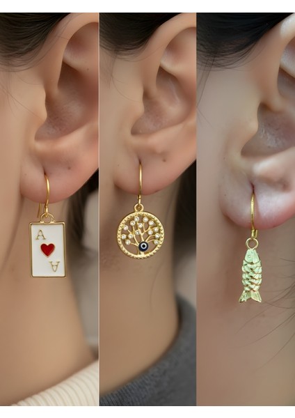 Balık Hayat Ağacı Kupa As Sembol Figürlü 3’lü Kadın Küpe Set