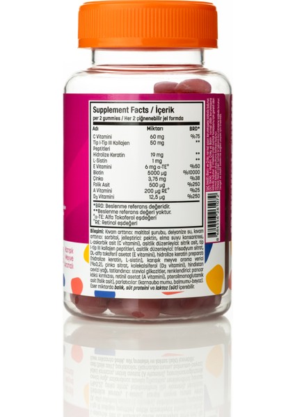 Hsn Saç Cilt Tırnak Vitamini -A, C, D3, E, Tip1-2 Kolajen, Biotin, Folik, Çinko Çiğnenebilir Gummies fiyatları