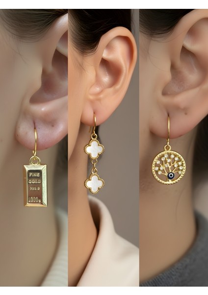 Beyaz Yonca Hayat Ağacı Külçe Altın Sembol Figürlü 3’lü Kadın Küpe Set