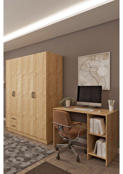 Ases HDF5358 Genç Odası Gardırop ve Çalışma Masası Hediyeli Beyaz - Safir Meşe