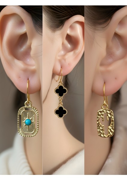 Kaktüs Siyah Yonca Tablet Kutup Yıldızı Sembol Figürlü 3’lü Kadın Küpe Set