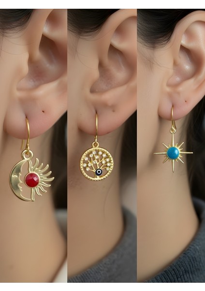 Mavi Kutup Yıldızı Hayat Ağacı Ay Güneş Sembol Figürlü 3’lü Kadın Küpe Set