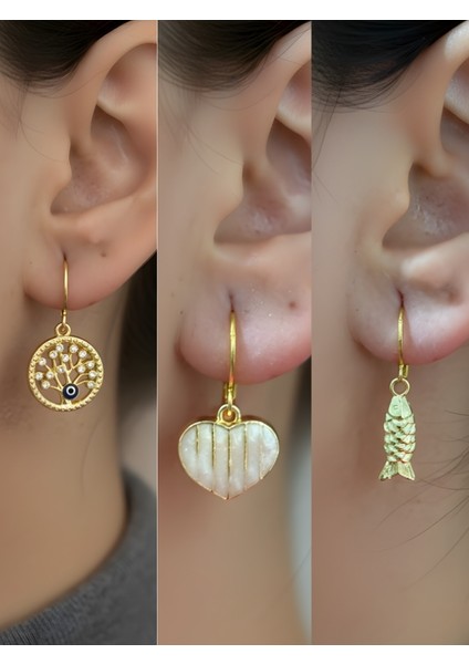 Balık Beyaz Kalp Hayat Ağacı Sembol Figürlü 3’lü Kadın Küpe Set