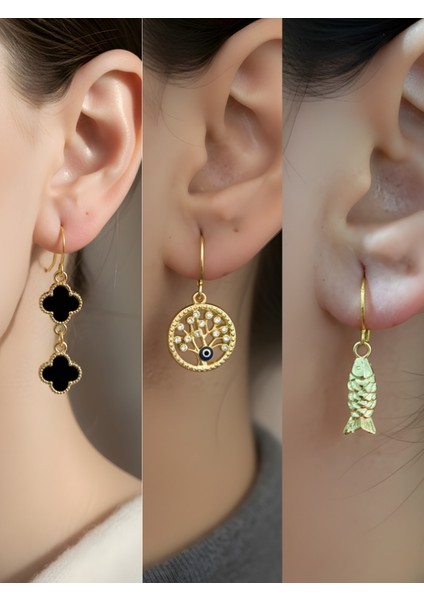 Balık Siyah Yonca Hayat Ağacı Sembol Figürlü 3’lü Kadın Küpe Set