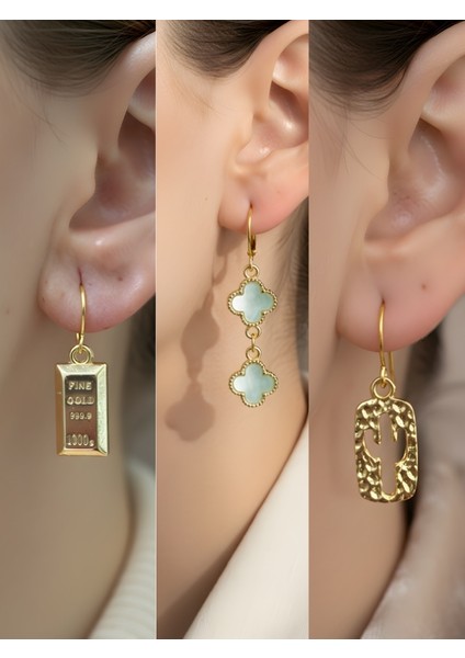 Kaktüs Turkuaz Yonca Külçe Altın Sembol Figürlü 3’lü Kadın Küpe Set