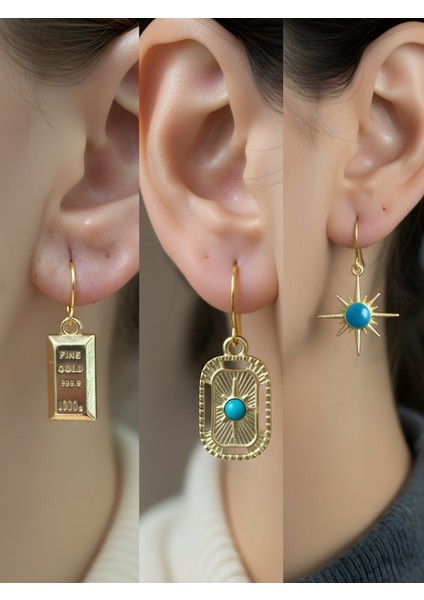 Mavi Kutup Yıldızı Tablet Kutup Yıldızı Külçe Altın Sembol Figürlü 3’lü Kadın Küpe Set