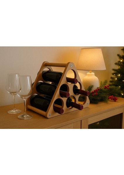 Tezgah ve Masa Üstü Üçgen Ahşap Şaraplık Standı / Şişe Standı Açık Meşe Mdflam 6 Gözlü