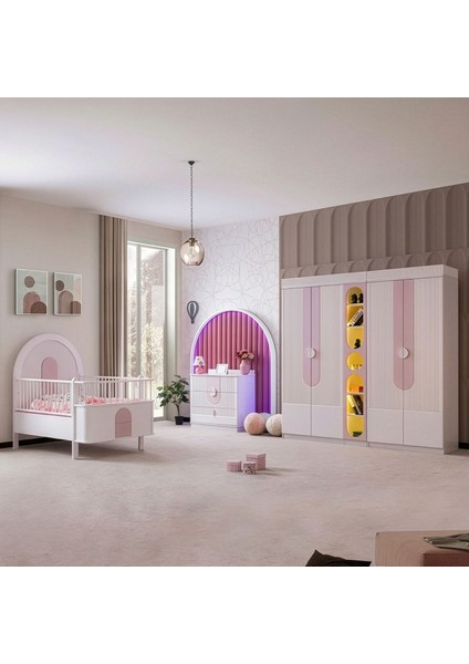 Venüs Çocuk Odası Takımı, Venüs Büyüyen Beşik, Vira 4 Kapaklı Kitaplıklı Dolap, Şifonyer - Pembe