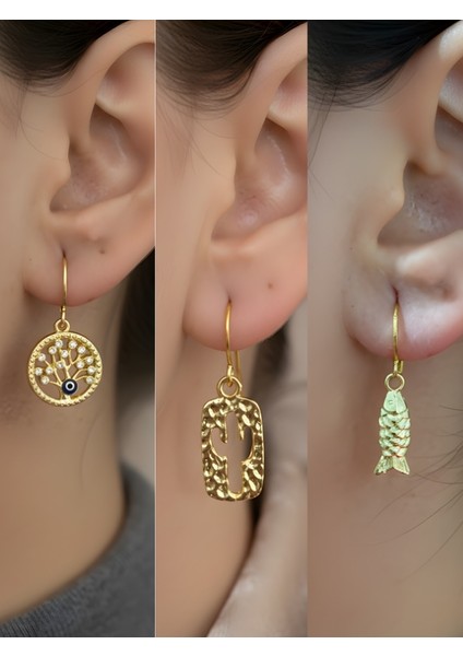 Kaktüs Balık Hayat Ağacı Sembol Figürlü 3’lü Kadın Küpe Set