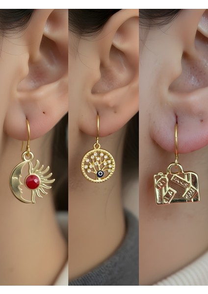 Bavul Hayat Ağacı Ay Güneş Sembol Figürlü 3’lü Kadın Küpe Set