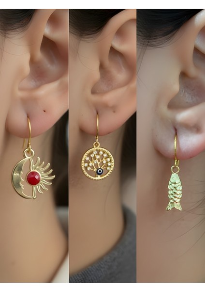 Balık Hayat Ağacı Ay Güneş Sembol Figürlü 3’lü Kadın Küpe Set