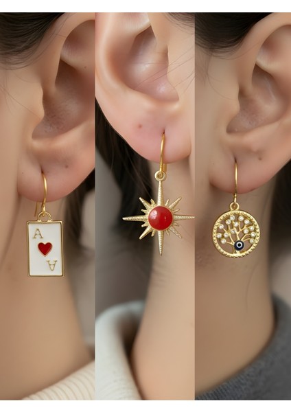 Kırmızı Kutup Yıldızı Hayat Ağacı Kupa As Sembol Figürlü 3’lü Kadın Küpe Set