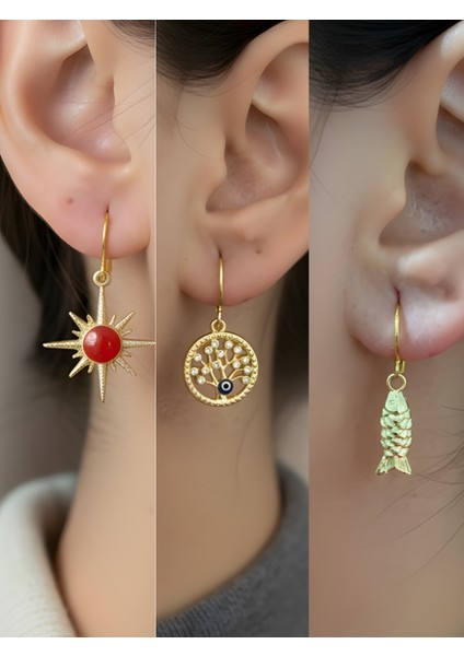 Balık Kırmızı Kutup Yıldızı Hayat Ağacı Sembol Figürlü 3’lü Kadın Küpe Set