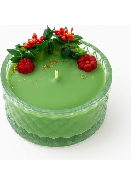 Cam Kasede Yeni Yıl Temalı Renkli Bitkiler ve Kırmızı Mini Kabaklarla Süslemeli Yeşil Soya Mumu fiyatları