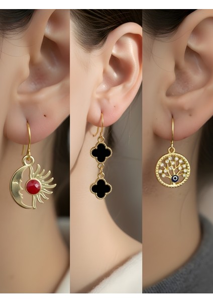 Siyah Yonca Hayat Ağacı Ay Güneş Sembol Figürlü 3’lü Kadın Küpe Set