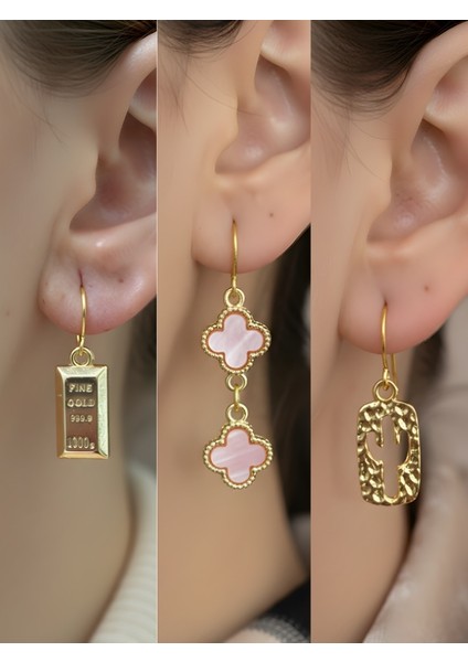 Kaktüs Pembe Yonca Külçe Altın Sembol Figürlü 3’lü Kadın Küpe Set
