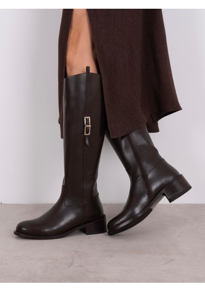 Zirya Kahve Hakiki Deri Kadın Çizme