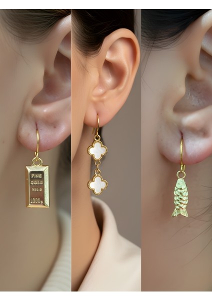 Balık Beyaz Yonca Külçe Altın Sembol Figürlü 3’lü Kadın Küpe Set