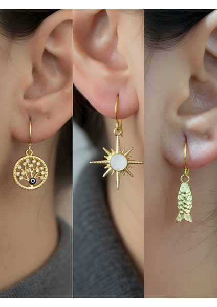 Beyaz Kutup Yıldızı Balık Hayat Ağacı Sembol Figürlü 3’lü Kadın Küpe Set