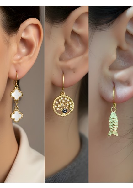 Balık Beyaz Yonca Hayat Ağacı Sembol Figürlü 3’lü Kadın Küpe Set