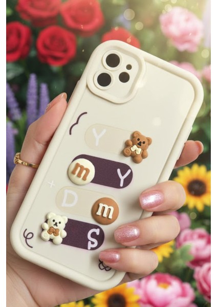 Iphone 11 Uyumlu Kılıf Beyaz Renk Ayıcık Figürlü 3D Kamera Korumalı Darbe Emici Yumuşak Silikon Kapak