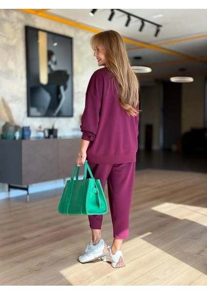 Kadın Uzun Kollu Bisiklet Yaka Viskon Iki Iplik Mor Bluz ve Pantolon Ikili Takım fiyatları