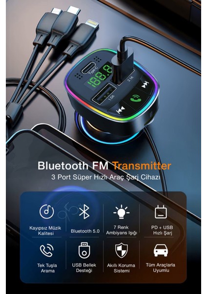 Bluetooth Fm Transmitter – 3 USB Portlu Süper Hızlı Araç Şarj Cihazı