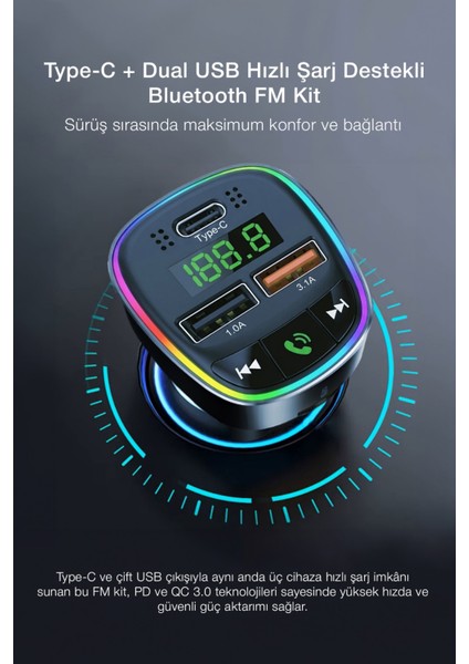 Bluetooth Fm Transmitter – 3 USB Portlu Süper Hızlı Araç Şarj Cihazı