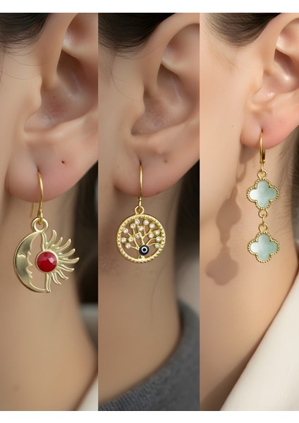 Turkuaz Yonca Hayat Ağacı Ay Güneş Sembol Figürlü 3’lü Kadın Küpe Set