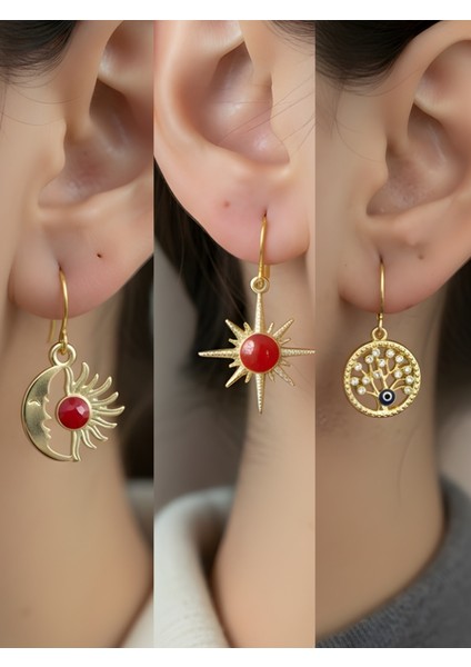 Kırmızı Kutup Yıldızı Hayat Ağacı Ay Güneş Sembol Figürlü 3’lü Kadın Küpe Set