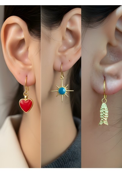 Balık Mavi Kutup Yıldızı Kırmızı Kalp Sembol Figürlü 3’lü Kadın Küpe Set