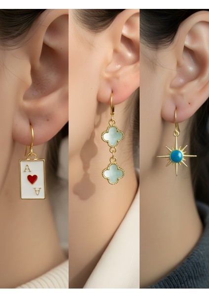 Mavi Kutup Yıldızı Turkuaz Yonca Kupa As Sembol Figürlü 3’lü Kadın Küpe Set