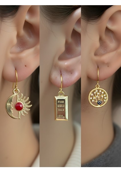 Hayat Ağacı Külçe Altın Ay Güneş Sembol Figürlü 3’lü Kadın Küpe Set