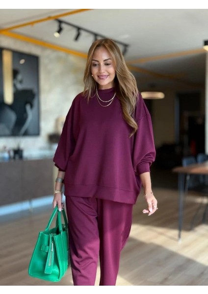 Kadın Uzun Kollu Bisiklet Yaka Viskon Iki Iplik Mor Bluz ve Pantolon Ikili Takım modelleri