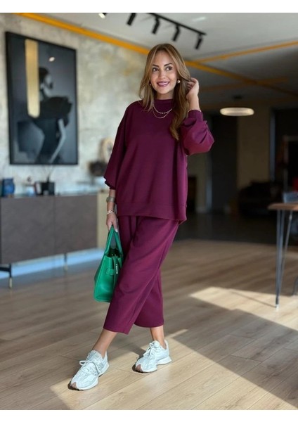 Kadın Uzun Kollu Bisiklet Yaka Viskon Iki Iplik Mor Bluz ve Pantolon Ikili Takım fırsatları