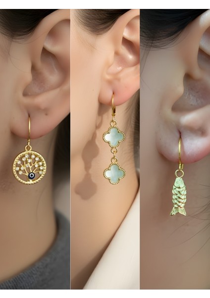 Balık Turkuaz Yonca Hayat Ağacı Sembol Figürlü 3’lü Kadın Küpe Set