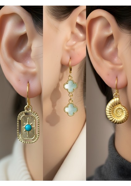 Deniz Kabuğu Turkuaz Yonca Tablet Kutup Yıldızı Sembol Figürlü 3’lü Kadın Küpe Set