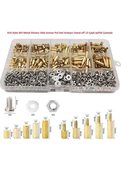 910 Adet M3 Metal Distans Vida Somun Pul Seti Aralıyıcı Stand Off 13 Çeşit Şeffaf Çantada