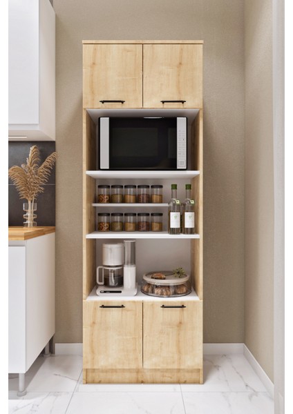 ESL0177 Çok Amaçlı Dolap 4 Kapaklı 5 Raflı Kiler Mutfak Dolabı Meşe - Beyaz