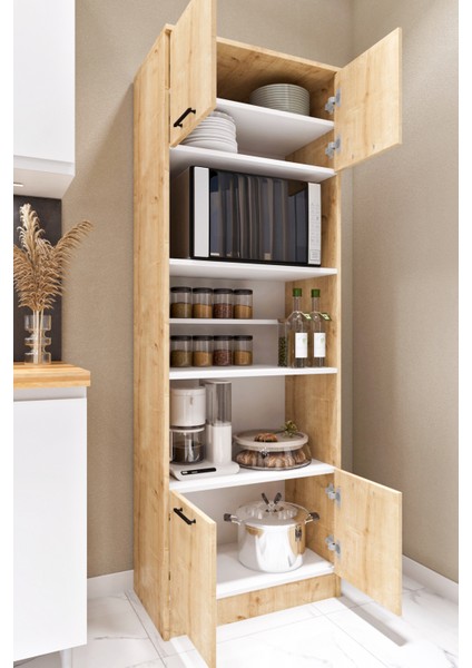 ESL0177 Çok Amaçlı Dolap 4 Kapaklı 5 Raflı Kiler Mutfak Dolabı Meşe - Beyaz fiyatları