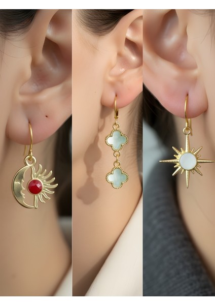 Beyaz Kutup Yıldızı Turkuaz Yonca Ay Güneş Sembol Figürlü 3’lü Kadın Küpe Set