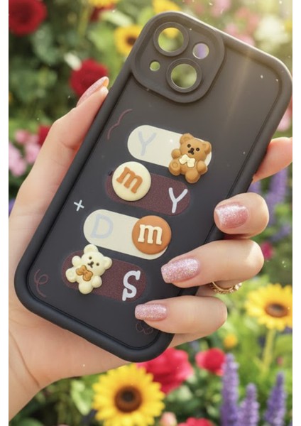 Iphone 15 Uyumlu Kılıf Siyah Renk Ayıcık Figürlü 3D Kamera Korumalı Darbe Emici Yumuşak Silikon Kapak