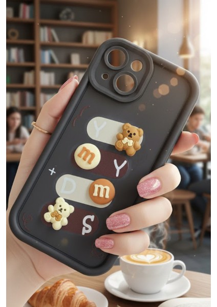 Iphone 15 Uyumlu Kılıf Siyah Renk Ayıcık Figürlü 3D Kamera Korumalı Darbe Emici Yumuşak Silikon Kapak modelleri