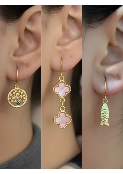 Balık Pembe Yonca Hayat Ağacı Sembol Figürlü 3’lü Kadın Küpe Set