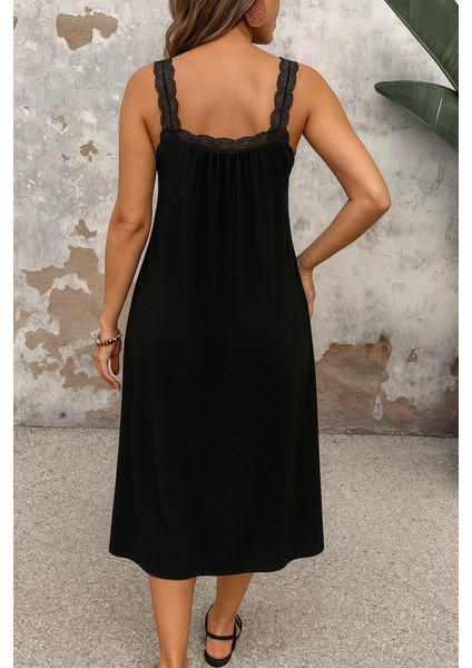 Kadın Dantel Askılı Kare Yakalı Uzun Viskon Elbise modelleri